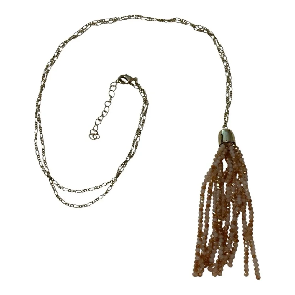 Faceted Bead Pendent Necklace Tassel Gold Tone Figaro Chain Blush Pink 30
